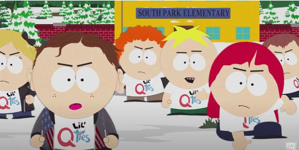 The animation features a mini QAnon group made up of students