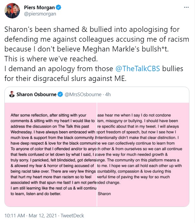 Piers Morgan claimed pal Sharon Osbourne has been 'shamed and bullied' by her The Talk co-stars - and has demanded a personal apology