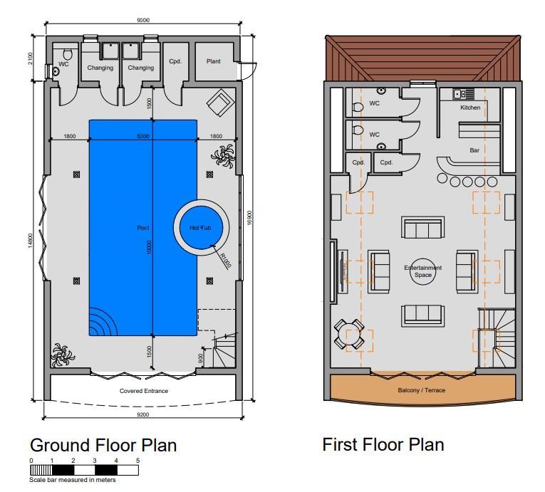 The plans showed in detail the entertainment space and position for the hot tub