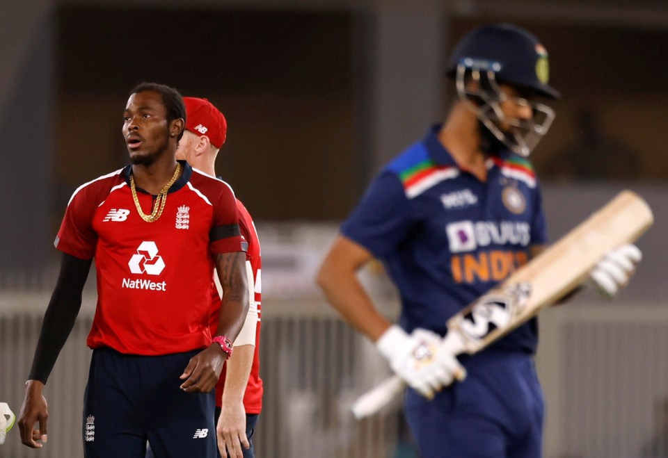 Jofra Archer reacts after bowling K.L Rahul