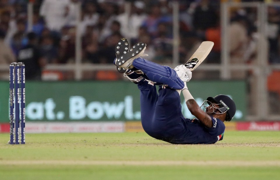 India's Hardik Pandya on the deck after losing his balance