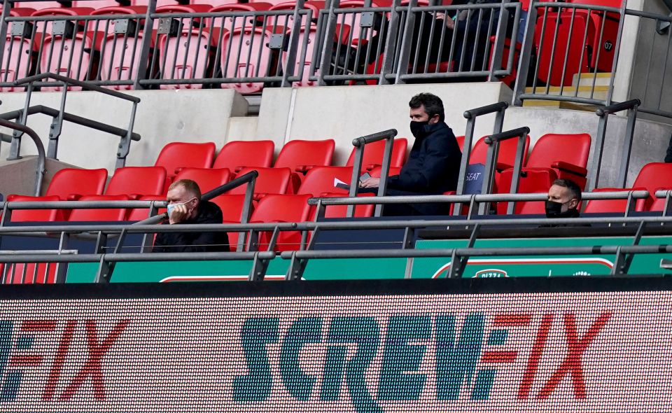 Man Utd legends Paul Scholes, Roy Keane and Ryan Giggs watch on from the stands