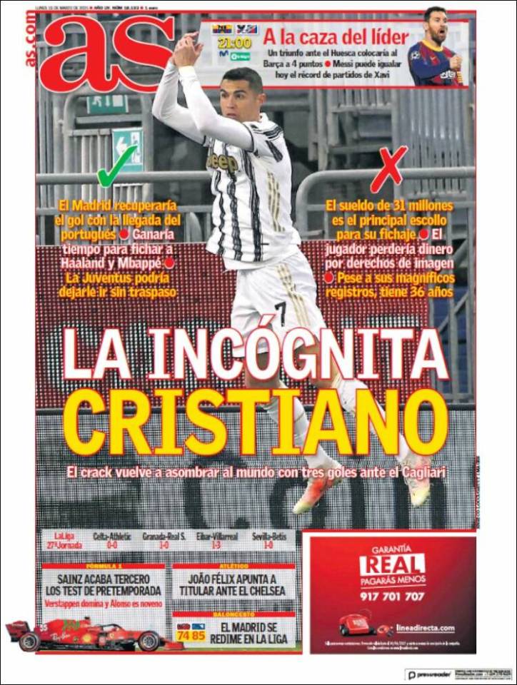 Spanish paper AS splashed on Ronaldo's potential return to Madrid