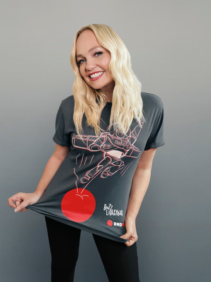 Emma Bunton in themed T-shirts launched by TK Maxx for Red Nose Day 2021, featuring Pixar characters