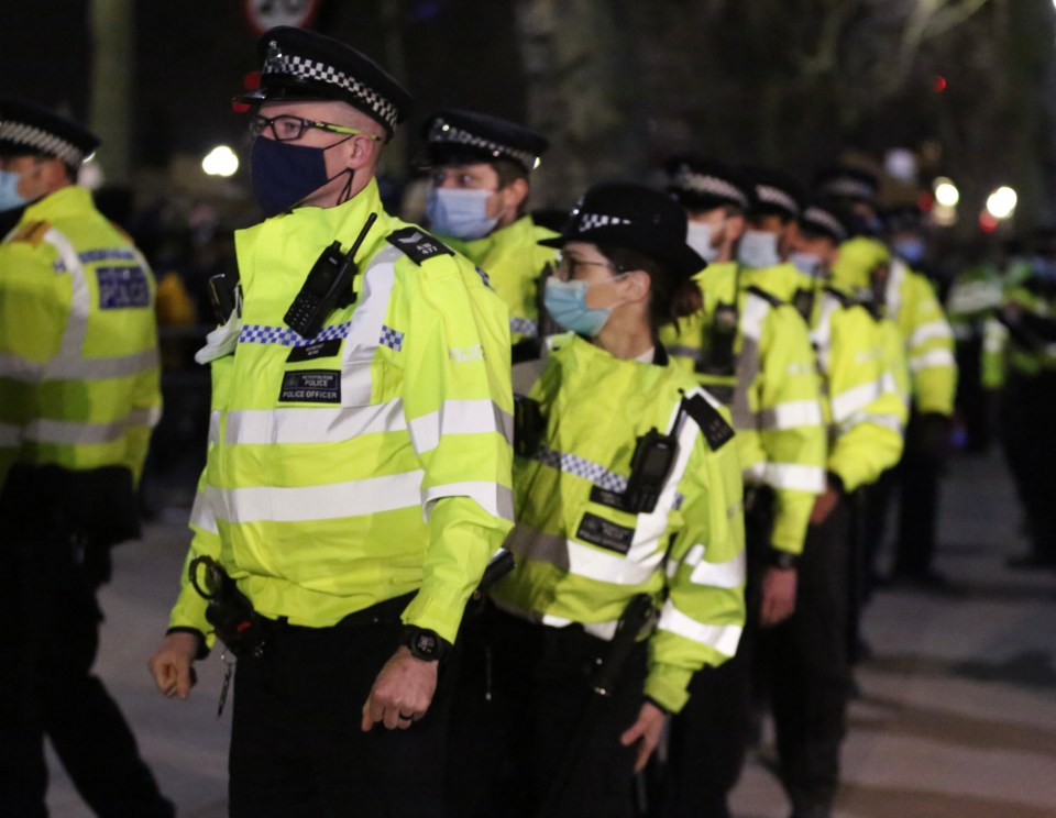 Police officers guarding the protest last night