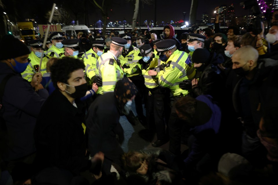 Demonstrators and police officers scuffle outside New Scotland Yard