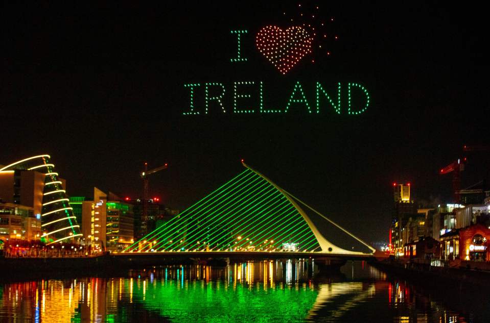 Drones create the 'Orchestra of Light' St Patrick's Day lights display above the Samuel Beckett Bridge, over the River Liffey in the centre of Dublin