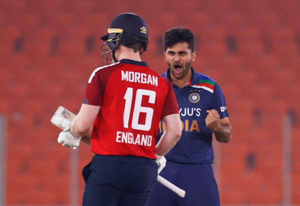 India's Shardul Thakur celebrates taking the wicket of England's Ben Stokes