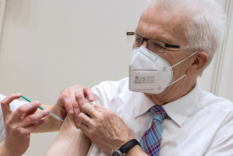 Winfried Kretschmann, Baden-Wuerttemberg federal PM of The Greens party receives his first vaccination shot with the AstraZeneca on March 19