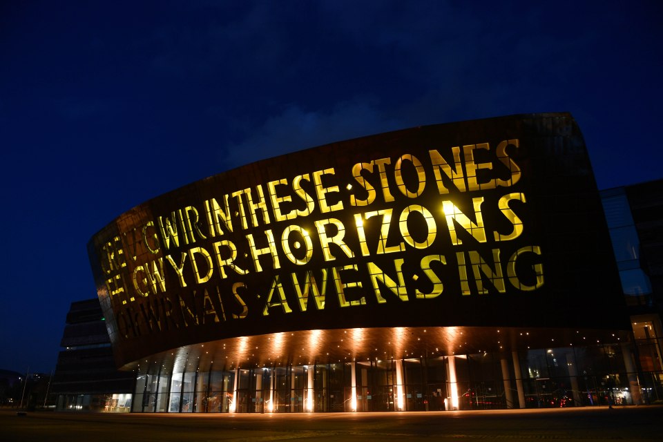 The Millennium Centre in Cardiff Bay shone brightly in reflection