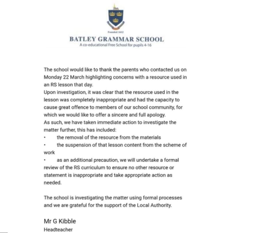 Batley Grammar School headteacher Gary Kibble wrote a letter to parents