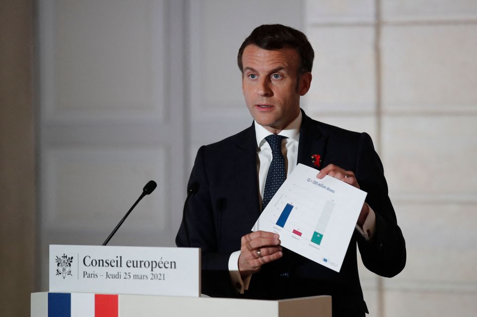 Mr Macron shows a graph on the vaccine rollout