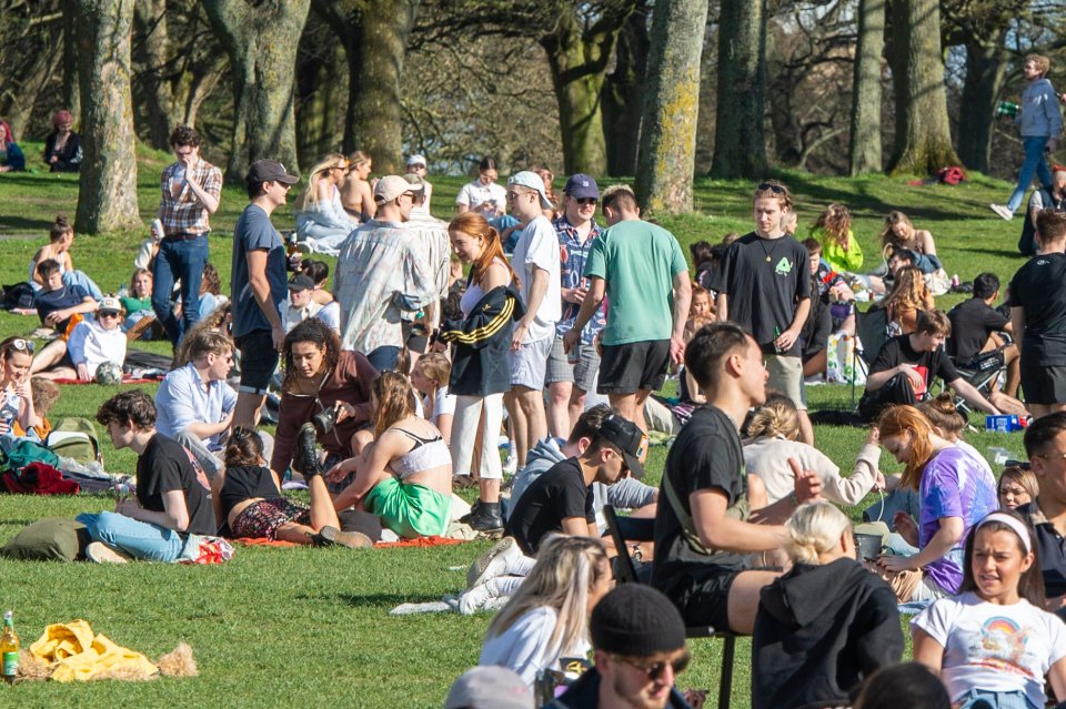 People in Hyde Park, Leeds today in the park as people are allowed to gather in groups of six