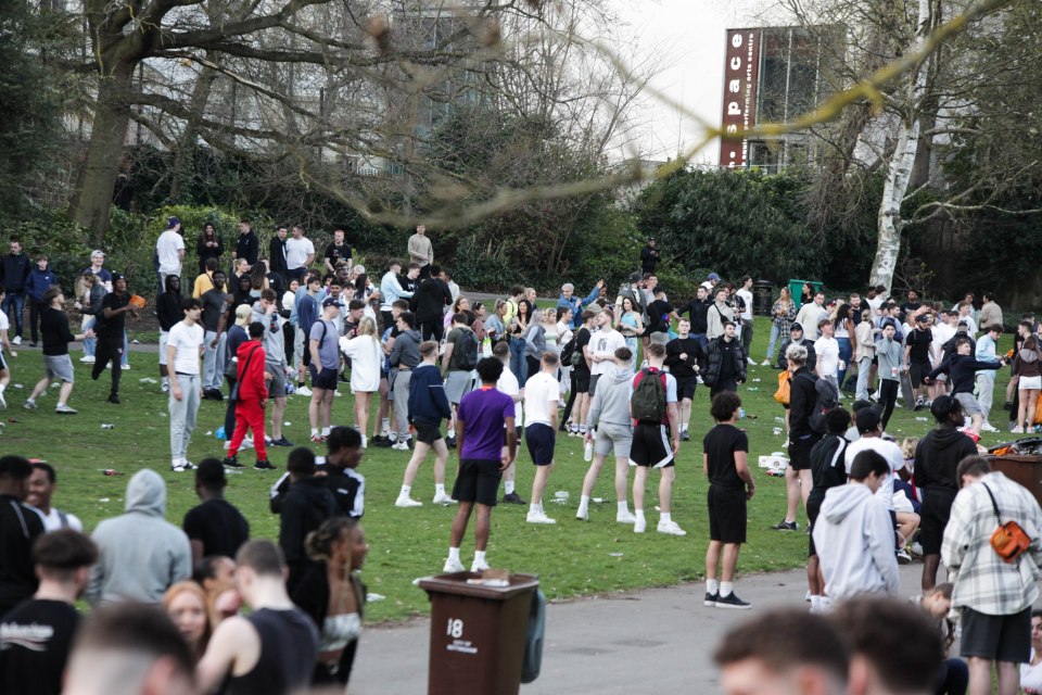 Groups of more than six - or two households - were spotted in the park in Nottingham yesterday