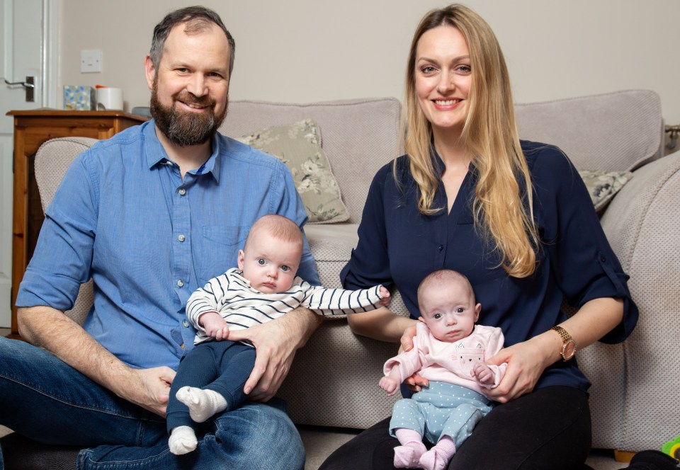 Rebecca and Rhys Roberts were shocked to discover they had conceived Rosalie (right) while pregnant with Noah (left)