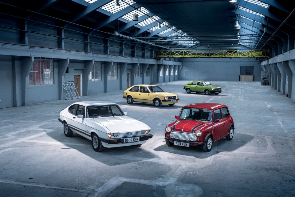 1986 Ford Capri Laser, front left, 1981 Vauxhall Astra, back centre, 1993 Italian Job Mini, front right, 1980 Austin Allegro, far back