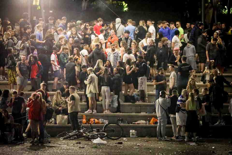 Hundreds of revellers at a 'rave' yesterday evening in Manchester City Centre