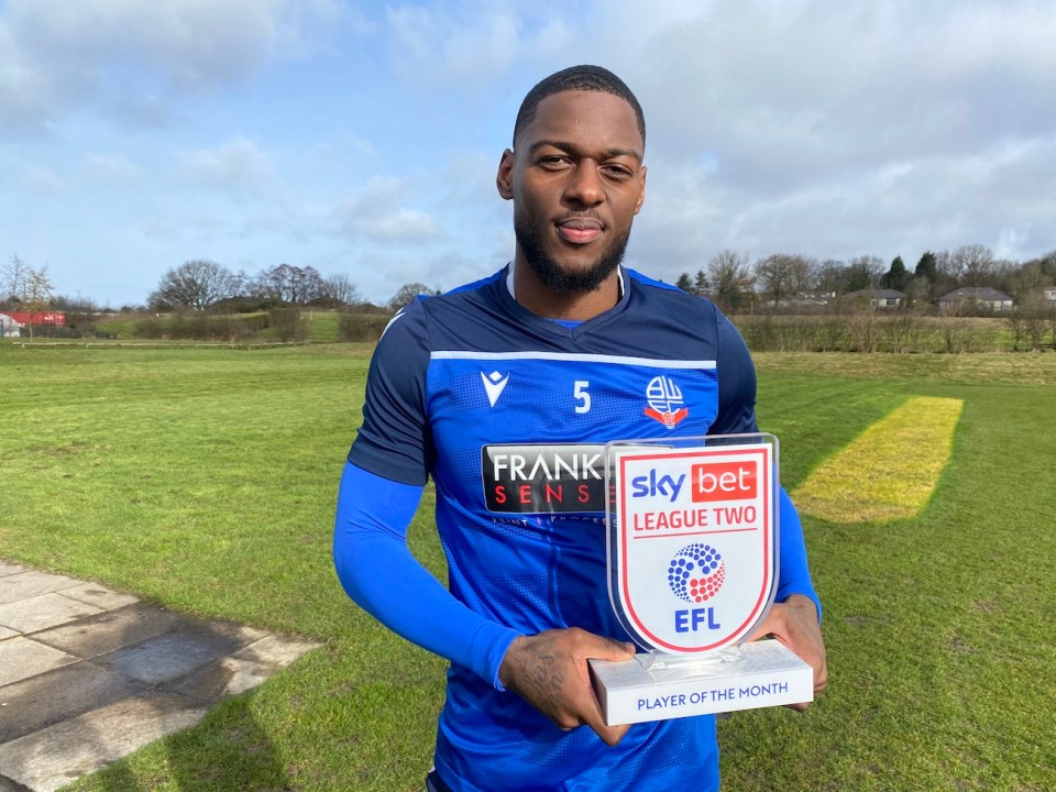 Ricardo Santos proudly shows off the SkyBet League Two player-of-the-month award