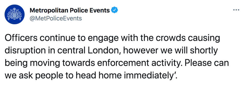 The Metropolitan Police asked people to head home