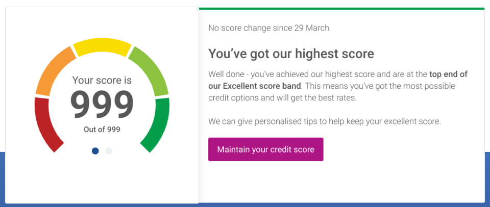 I score an impressive 999 on Experian, which didn't match up with my Equifax score