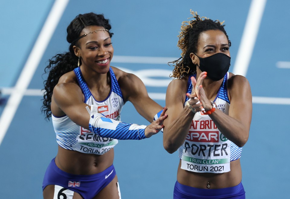 Sisters Cindy Sember and Tiffany Porter, in the mask, won silver and bronze in the 60m hurdles