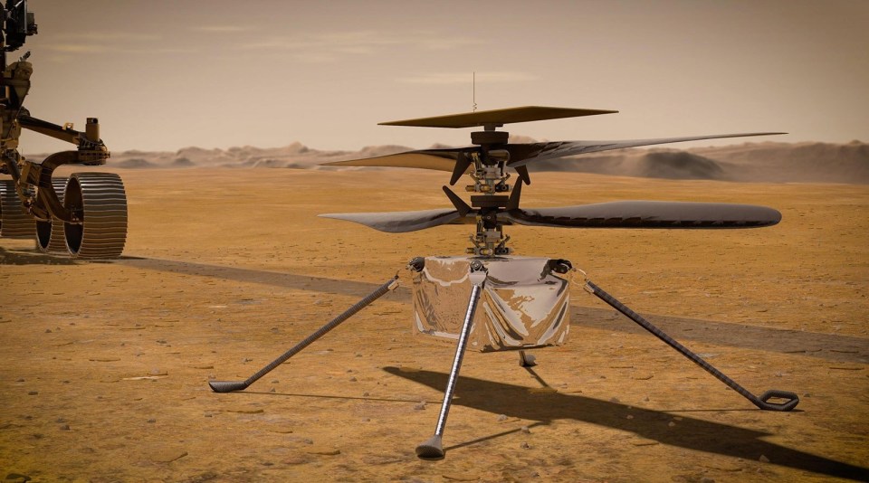 This is an artist illustration of what the helicopter will look like on Mars's surfaces