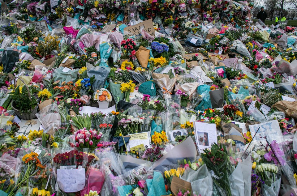 Flowers left in tribute for Sarah Everard at the bandstand on Clapham Common