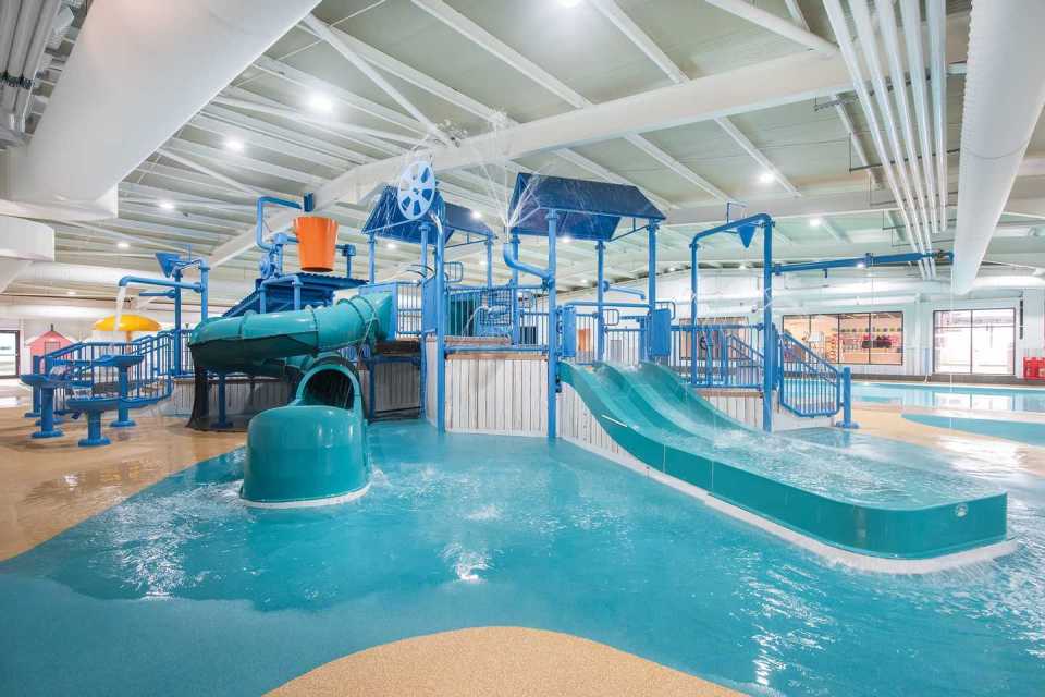 The Shore Water Park indoor pool has slide and splash areas