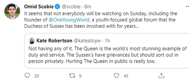 Finding Freedom co-author Omid Scobie shared Ms Robertson's tweet