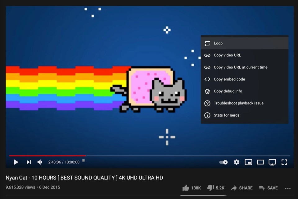 YouTube on desktop has a built-in loop function