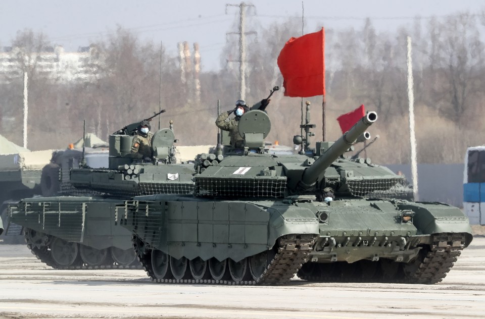 Tanks take part in a rehearsal for a Victory Day Parade marking the 76th anniversary of Russia’s victory over Nazi Germany in the Second World War