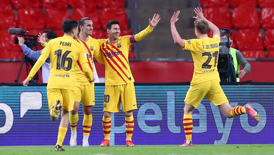 Barcelona celebrate after Lionel Messi finished off a brilliant team move