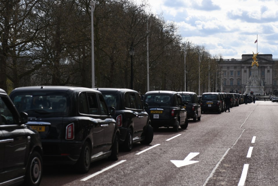 Black cabs lined The Mall leading to Buckingham Palace in the wake of Philip's death