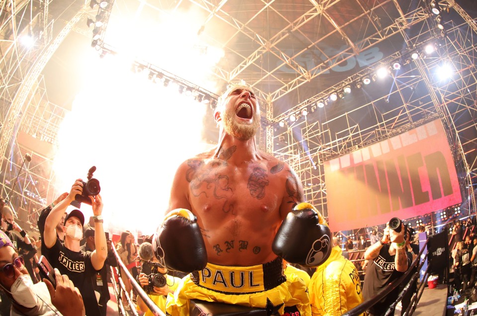 An elated Jake Paul celebrates his stunning victory over Ben Askren