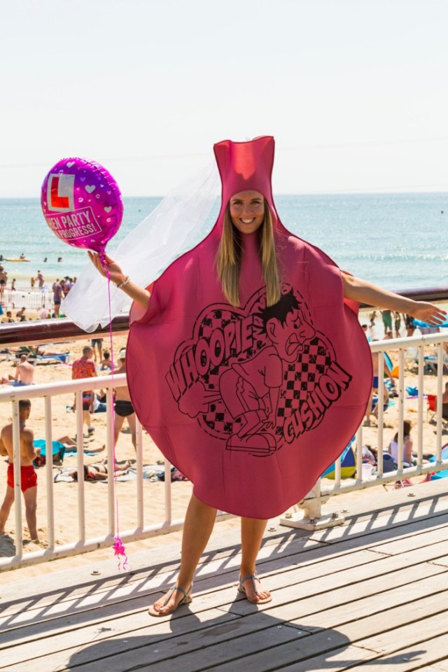  A prank-loving bride wears a whoopee cushion on her hen do in Bournemouth.