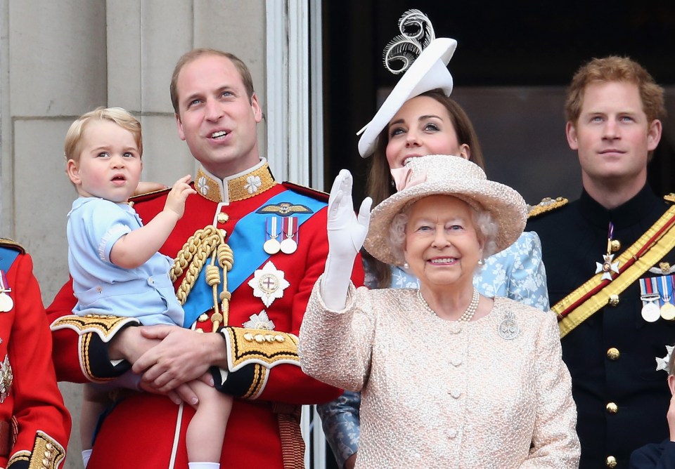 Prince William, Kate, and Prince Harry with the Queen watching the birthday parade in 2015