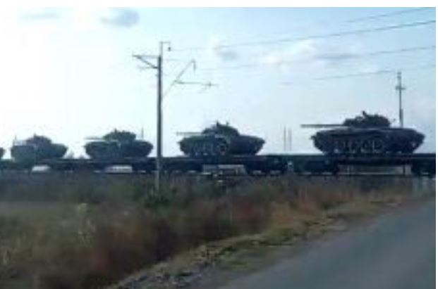 A fleet of tanks and other armoured vehicles were seen arriving