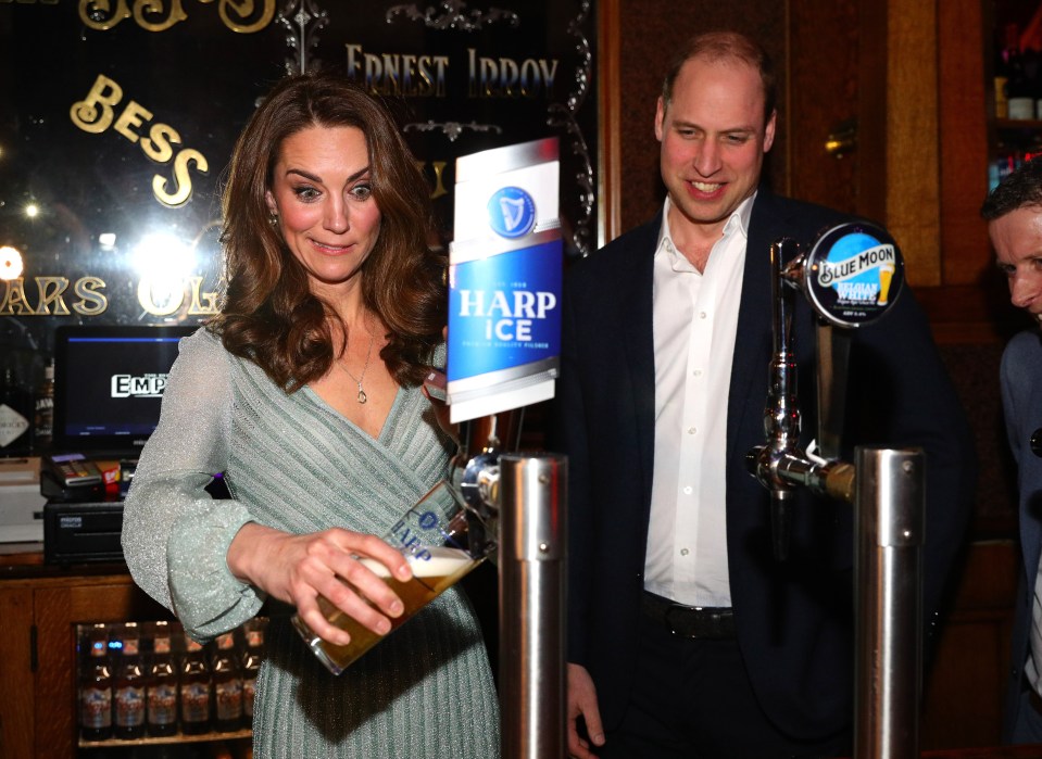 Lager than life . . . Kate pulls a pint – and a funny face – at Belfast Empire Hall in February 2019