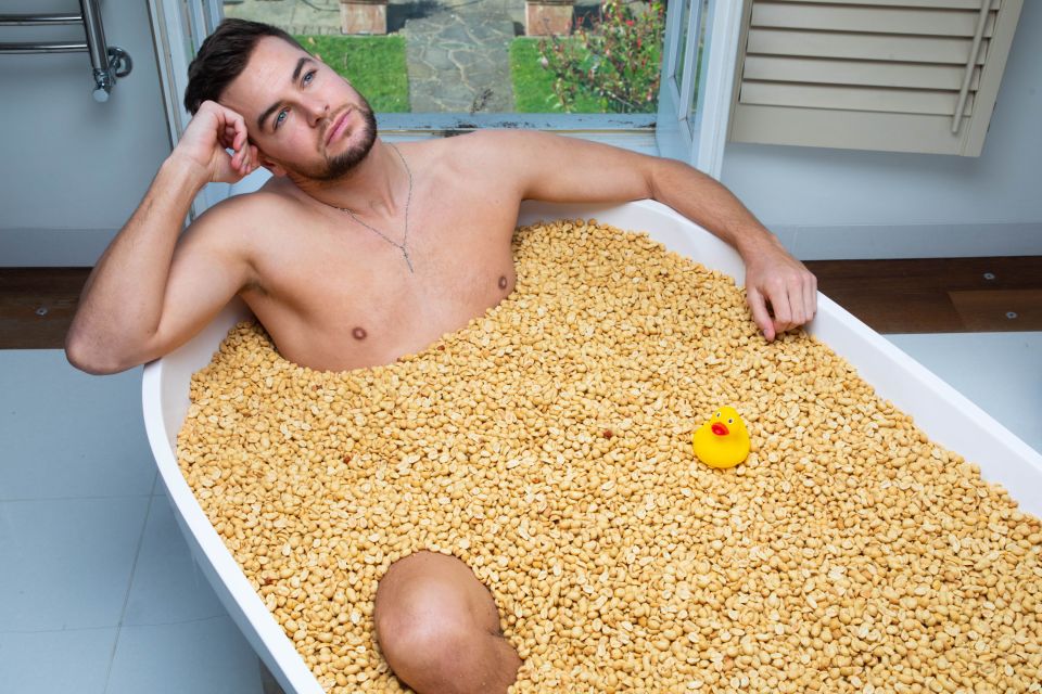 Chris posed in a bath of nuts to promote Testicular Cancer Awareness month this month