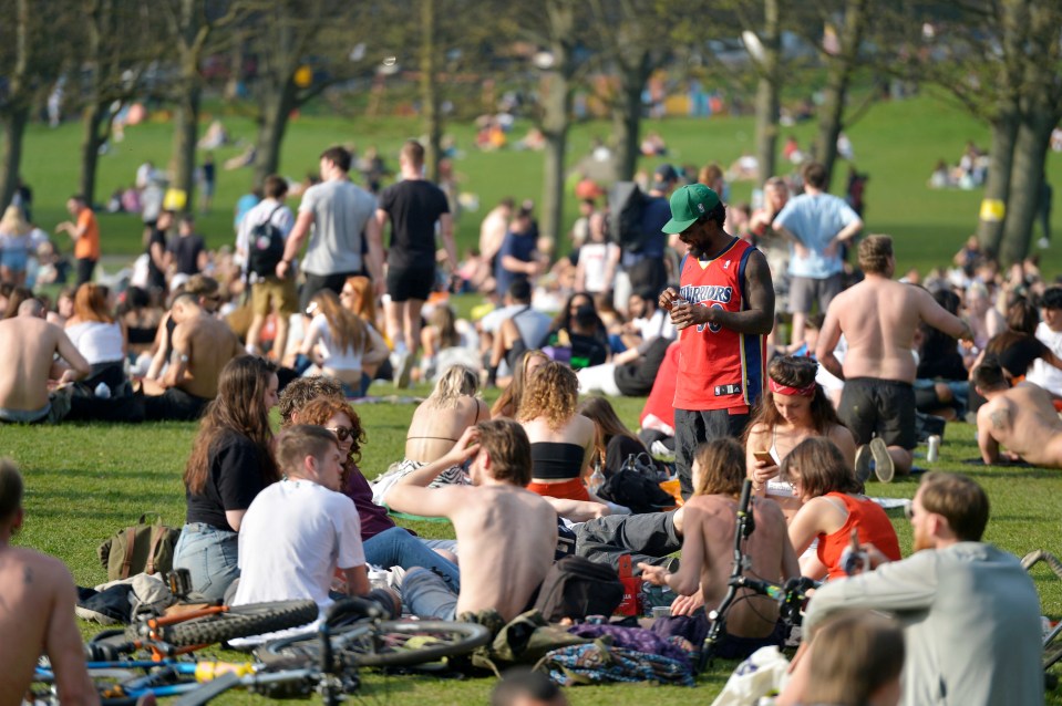 Brits have been enjoying lockdown freedom (Pictured is a group enjoying this month's sunny weather in Hyde Park)