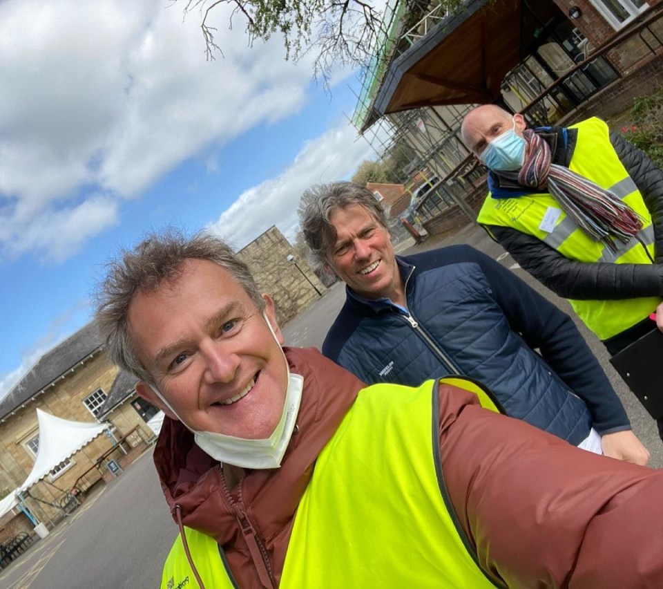 Meanwhile, comedian John Bishop, 54, bumped into Downton Abbey star Hugh Bonneville, 57, when they headed for their inoculations the same day