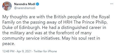 India's prime minister paid tribute to Prince Philip, saying 'was at the forefront of many community service initiatives'