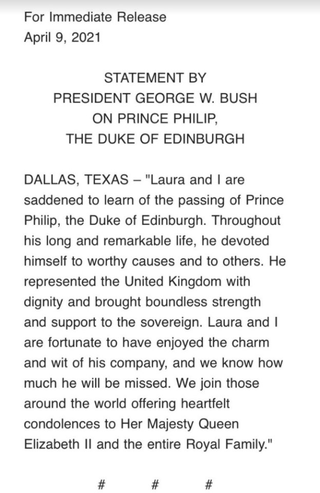 George W. Bush said he was 'fortunate to have enjoyed the charm and wit' of Prince Philip's company