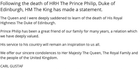 King Carl XVI Gustaf of Sweden said Prince Philip's 'service to his country will remain an inspiration to us all'