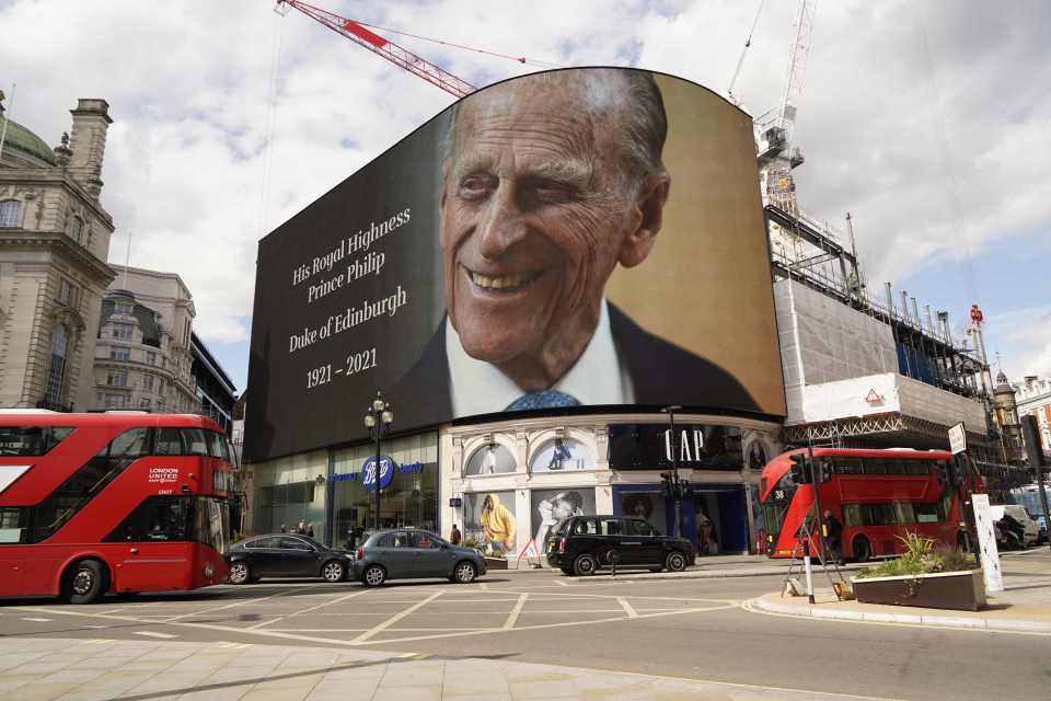 The billboard at Piccadilly Circus in London displayed a tribute to Prince Philip yesterday