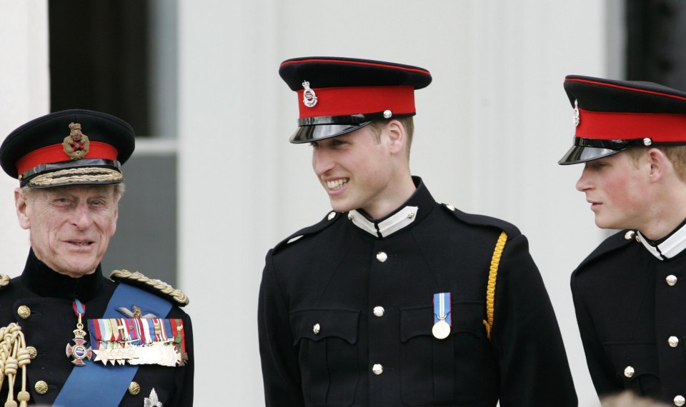 Harry, Prince William and Prince Philip at a Sovereign's Parade at Sandhurst Military Academy