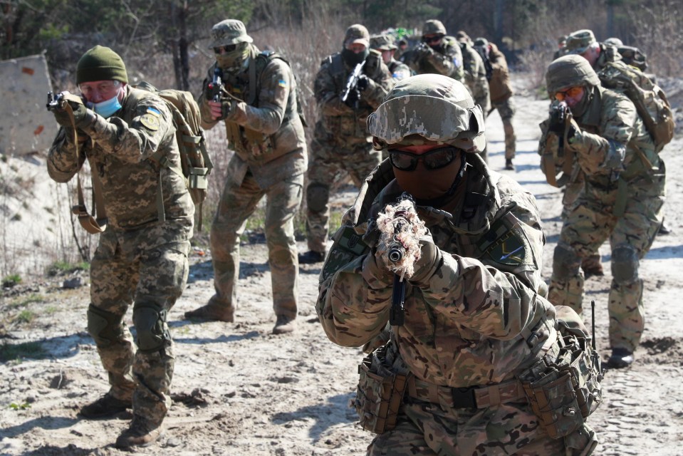 Reservists from the Ukrainian Territorial Defence Forces take part in military exercises on Saturday