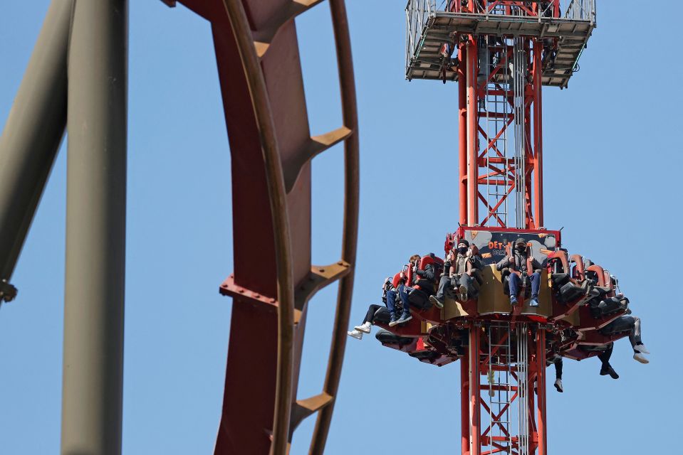 Members of the public ride on the 'Detonator: Bombs Away' ride at Thorpe Park