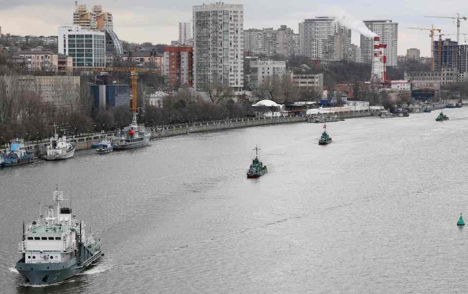 Russian warships during an inter-fleet move from the Caspian Sea to the Black Sea