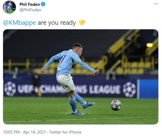 This was the tweet that was sent from Phil Foden's Twitter account to Kylian Mbappe